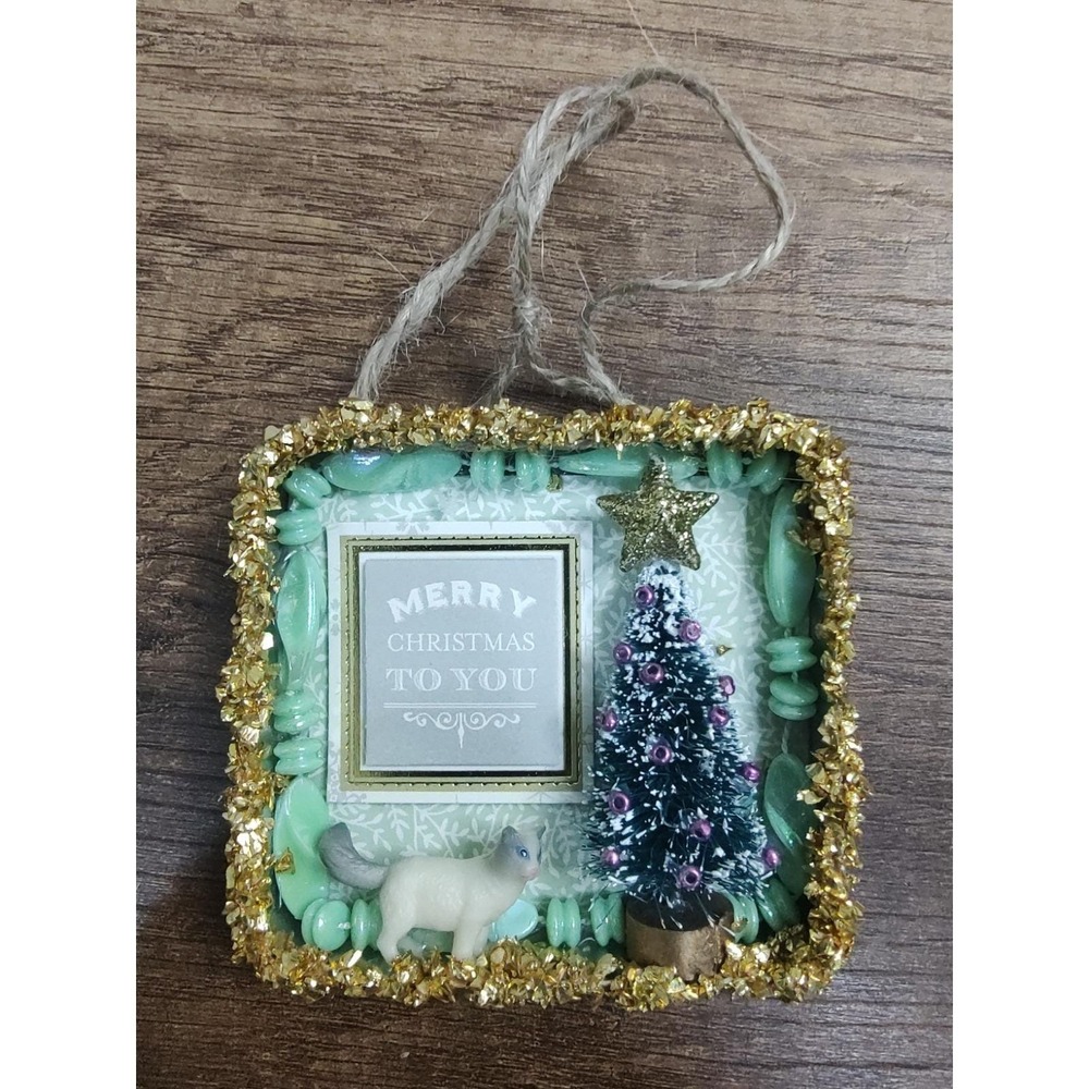 Cat Christmas Ornament Handmade Vtg Style OOAK Miniature Tobacco Tin Diorama